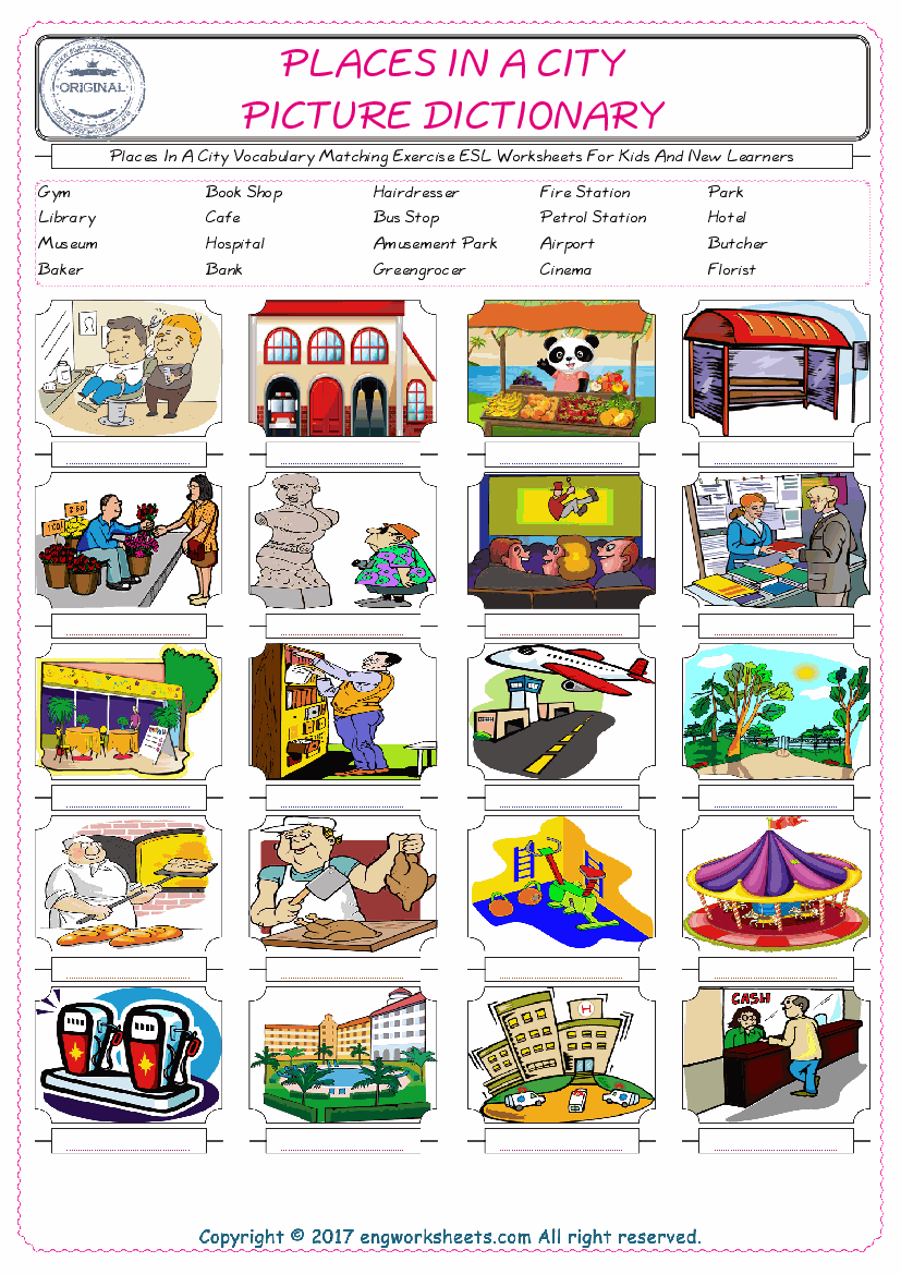  Places In A City for Kids ESL Word Matching English Exercise Worksheet. 